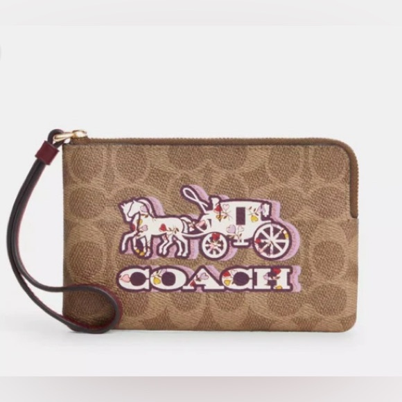 Coach Corner Zip Wristlet In Signature Canvas With Horse And Carriage- NWT